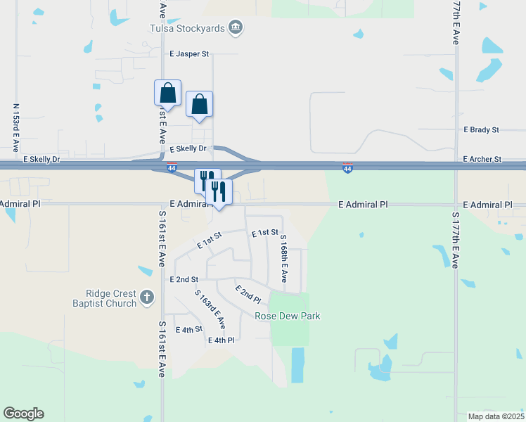 map of restaurants, bars, coffee shops, grocery stores, and more near 16625 East Admiral Boulevard in Tulsa
