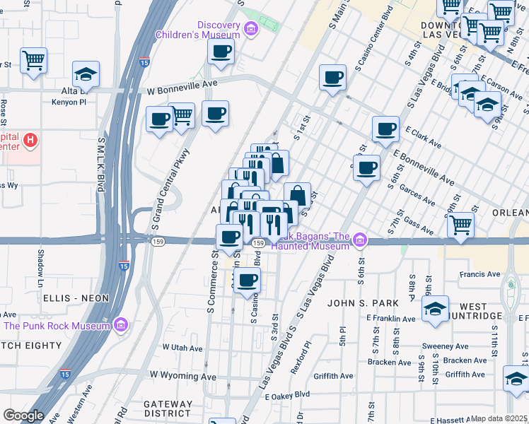 map of restaurants, bars, coffee shops, grocery stores, and more near 1001 South 1st Street in Las Vegas