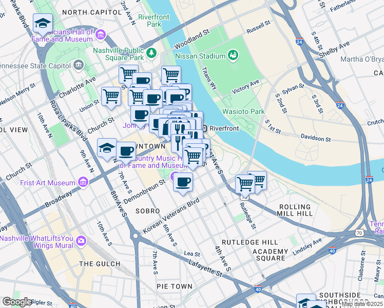map of restaurants, bars, coffee shops, grocery stores, and more near 122 3rd Avenue South in Nashville