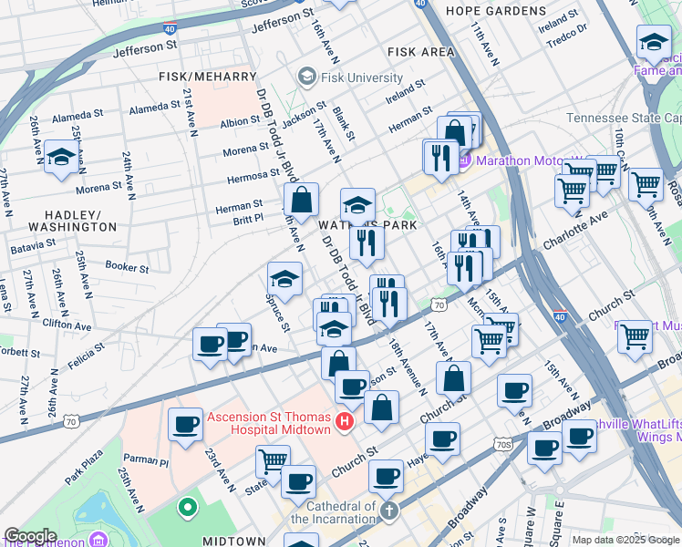 map of restaurants, bars, coffee shops, grocery stores, and more near 1801a Jo Johnston Avenue in Nashville