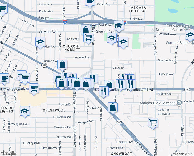 map of restaurants, bars, coffee shops, grocery stores, and more near 2520 Sunrise Street in Las Vegas
