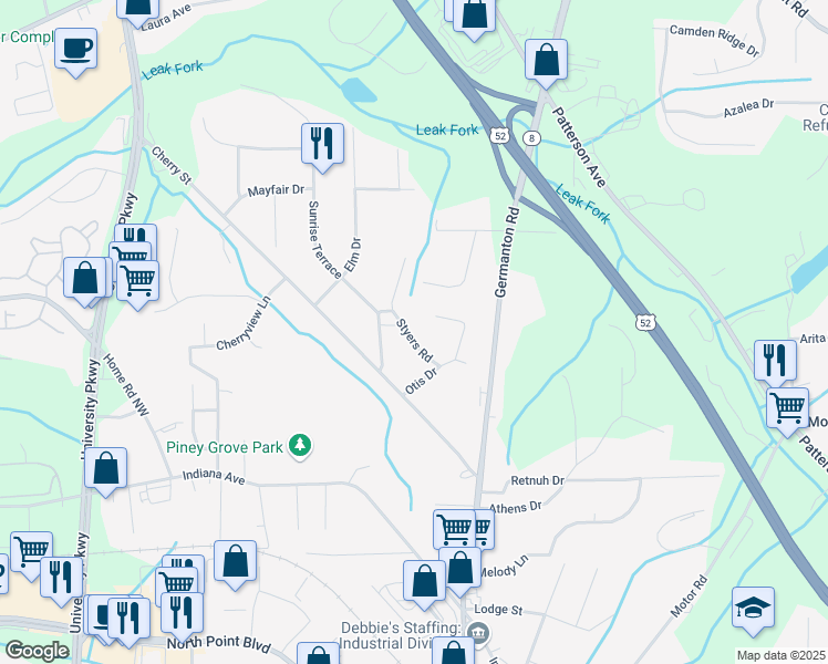 map of restaurants, bars, coffee shops, grocery stores, and more near 239 Styers Road in Winston-Salem