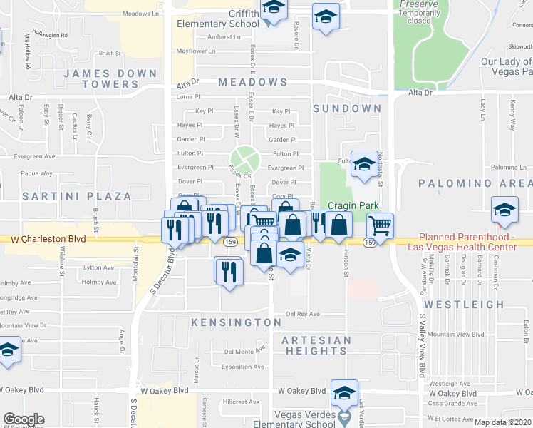 map of restaurants, bars, coffee shops, grocery stores, and more near 4401 Baxter Place in Las Vegas