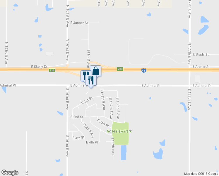 map of restaurants, bars, coffee shops, grocery stores, and more near 16625 East Admiral Boulevard in Tulsa