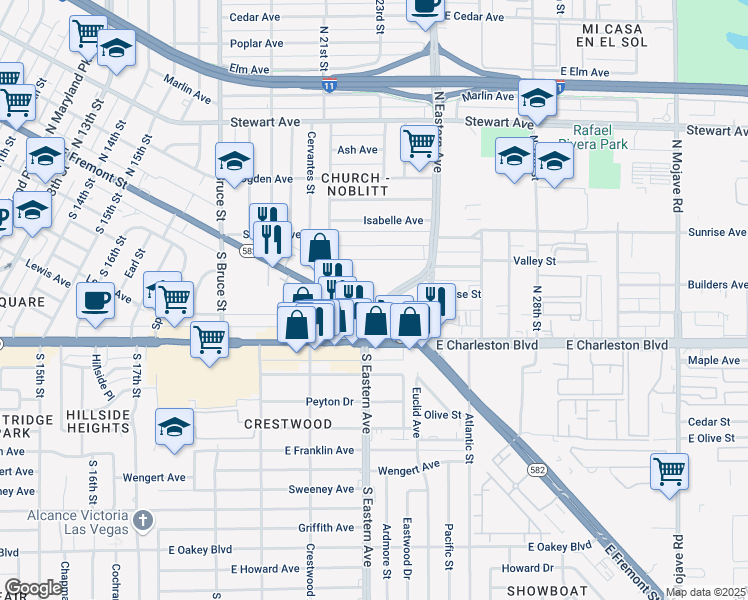 map of restaurants, bars, coffee shops, grocery stores, and more near 2217 East Fremont Street in Las Vegas