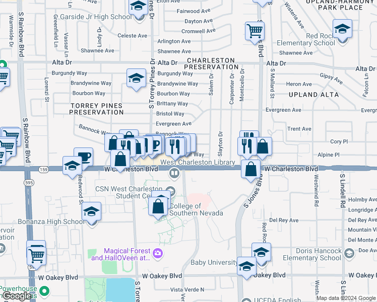 map of restaurants, bars, coffee shops, grocery stores, and more near 6232 Blair Way in Las Vegas