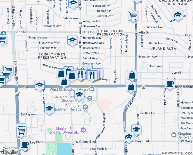 map of restaurants, bars, coffee shops, grocery stores, and more near 6233 Casada Way in Las Vegas
