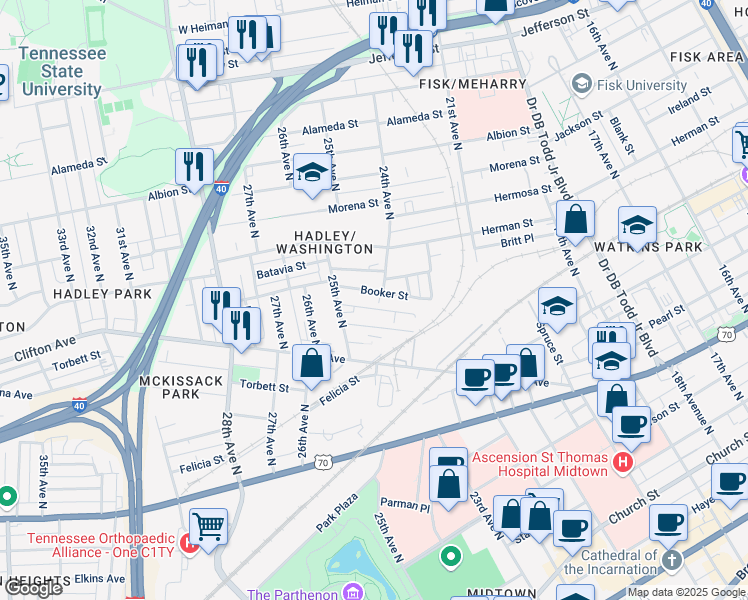 map of restaurants, bars, coffee shops, grocery stores, and more near 2407 Booker Street in Nashville