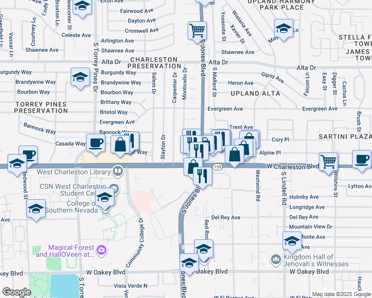 map of restaurants, bars, coffee shops, grocery stores, and more near 6121 Sonoma Circle in Las Vegas
