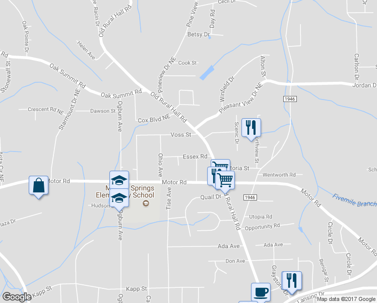 map of restaurants, bars, coffee shops, grocery stores, and more near 717 Essex Road in Winston-Salem