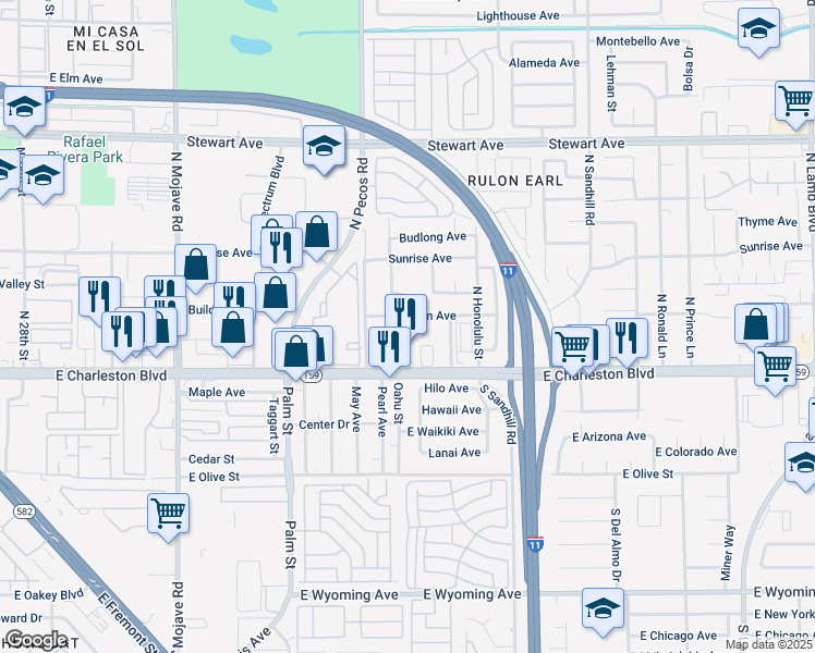 map of restaurants, bars, coffee shops, grocery stores, and more near 3640 Johnson Avenue in Las Vegas