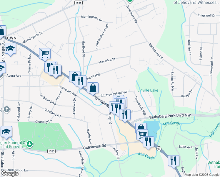 map of restaurants, bars, coffee shops, grocery stores, and more near 3021 Bittersweet Road Northwest in Winston-Salem
