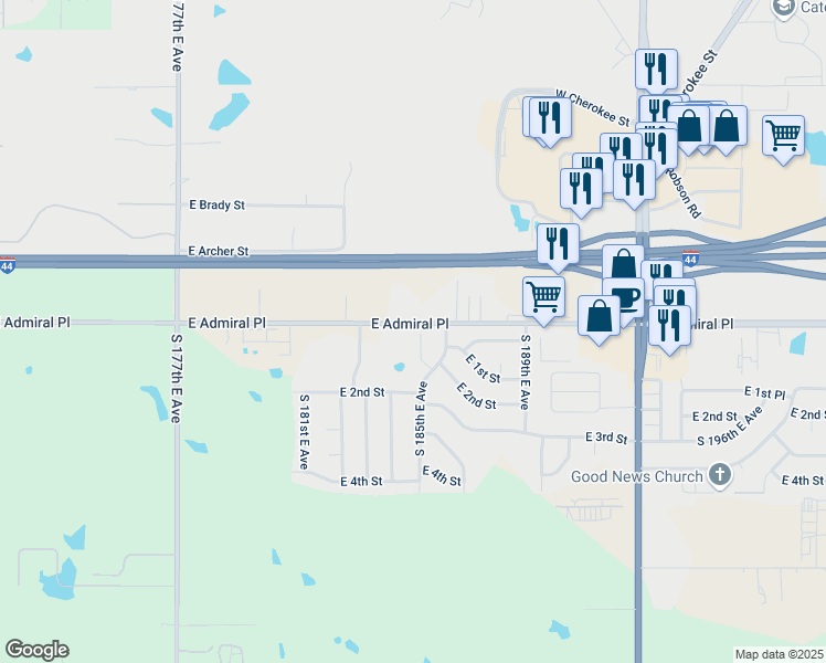 map of restaurants, bars, coffee shops, grocery stores, and more near 6 South 184th East Place in Tulsa