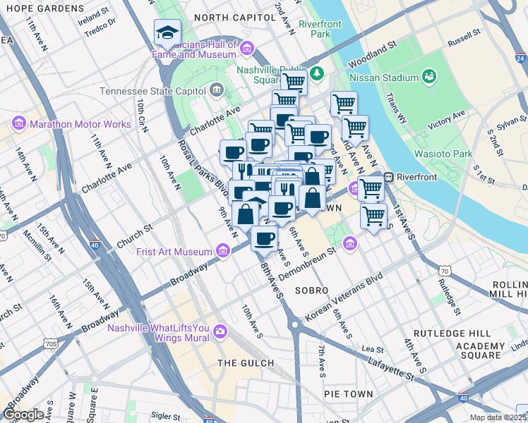 map of restaurants, bars, coffee shops, grocery stores, and more near 118 7th Avenue North in Nashville