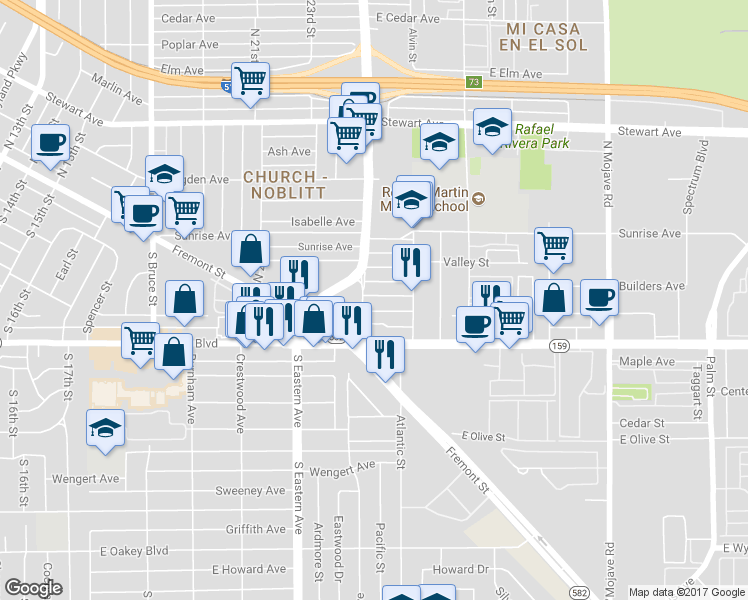 map of restaurants, bars, coffee shops, grocery stores, and more near 2510 Sunrise Street in Las Vegas