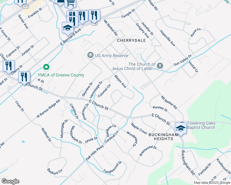map of restaurants, bars, coffee shops, grocery stores, and more near 121 York Drive in Greeneville