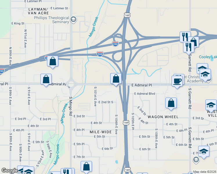 map of restaurants, bars, coffee shops, grocery stores, and more near 10156 East Admiral Place in Tulsa