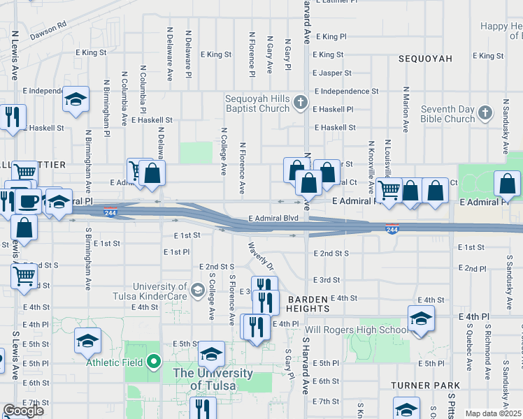map of restaurants, bars, coffee shops, grocery stores, and more near 3136 East Admiral Place in Tulsa