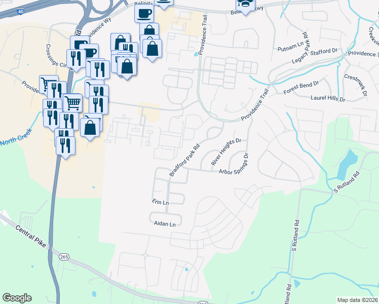 map of restaurants, bars, coffee shops, grocery stores, and more near 1032 Bradford Park Road in Mount Juliet