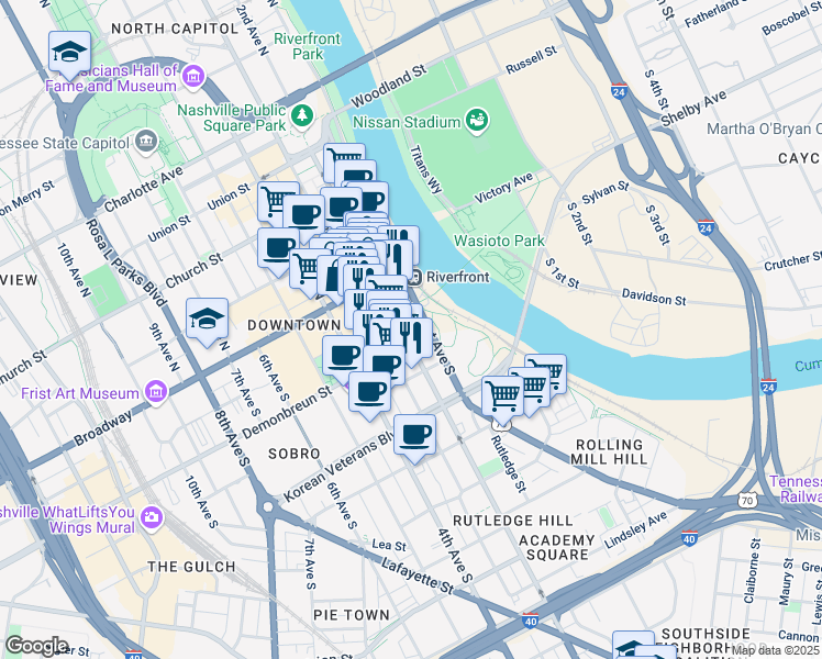 map of restaurants, bars, coffee shops, grocery stores, and more near 151 1st Avenue South in Nashville