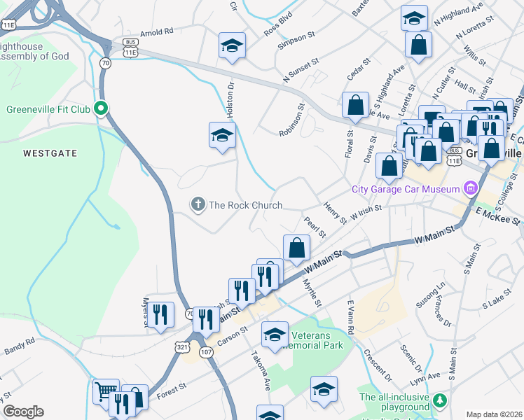 map of restaurants, bars, coffee shops, grocery stores, and more near 302 Kirk Drive in Greeneville