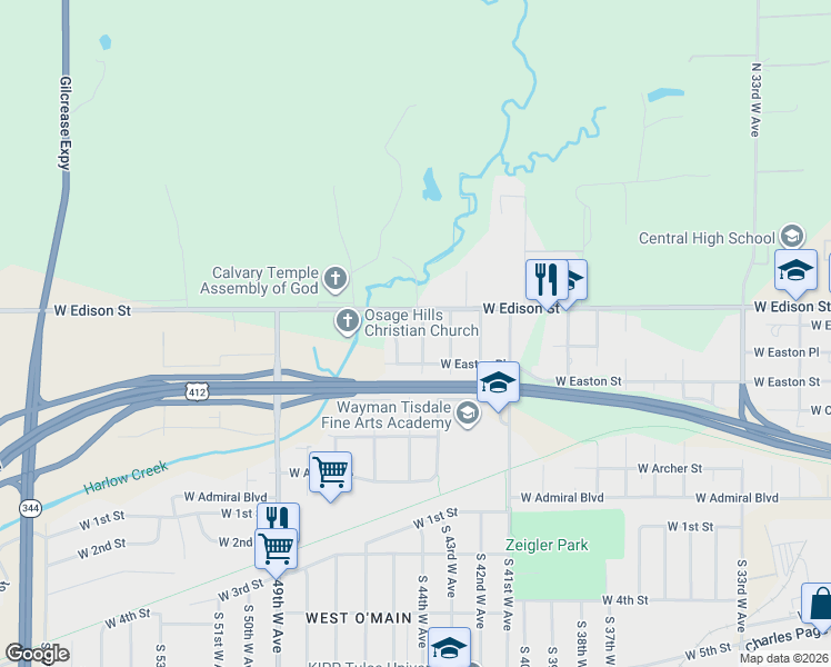map of restaurants, bars, coffee shops, grocery stores, and more near 4408 West Easton Court in Tulsa