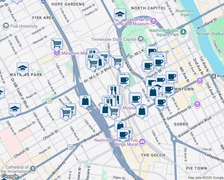 map of restaurants, bars, coffee shops, grocery stores, and more near 210 11th Avenue North in Nashville