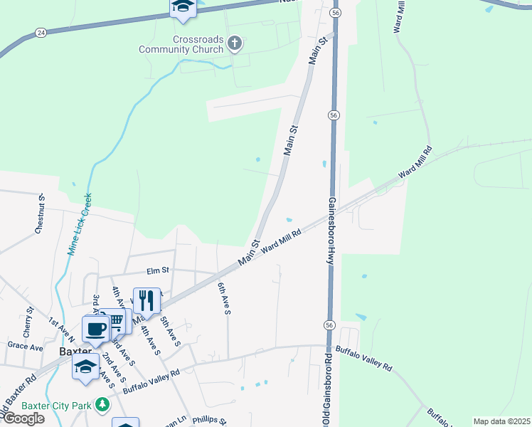 map of restaurants, bars, coffee shops, grocery stores, and more near 976 Main Street in Baxter