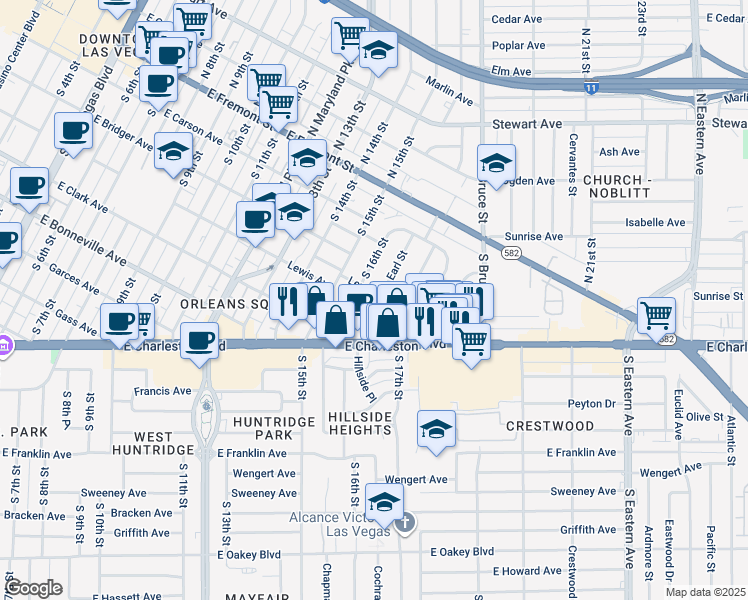 map of restaurants, bars, coffee shops, grocery stores, and more near 1614 Lewis Avenue in Las Vegas