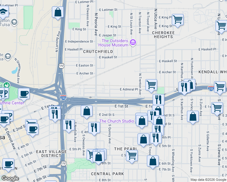 map of restaurants, bars, coffee shops, grocery stores, and more near 1414 East Admiral Place in Tulsa
