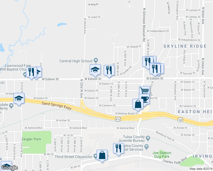 map of restaurants, bars, coffee shops, grocery stores, and more near 2916 West Easton Court in Tulsa