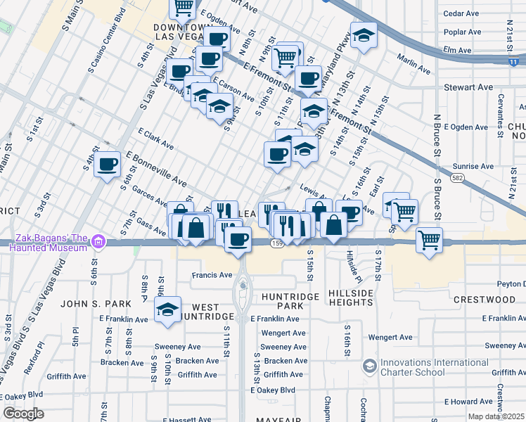 map of restaurants, bars, coffee shops, grocery stores, and more near 521 South Maryland Parkway in Las Vegas
