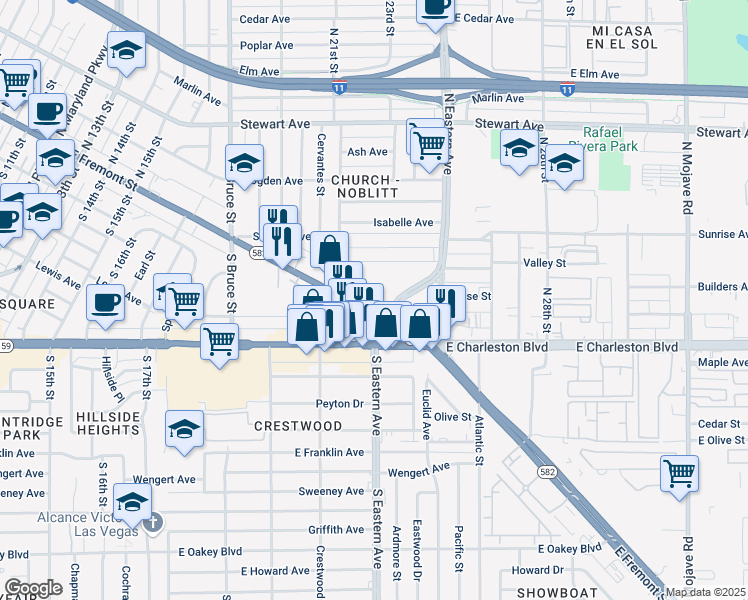 map of restaurants, bars, coffee shops, grocery stores, and more near 2217 East Fremont Street in Las Vegas