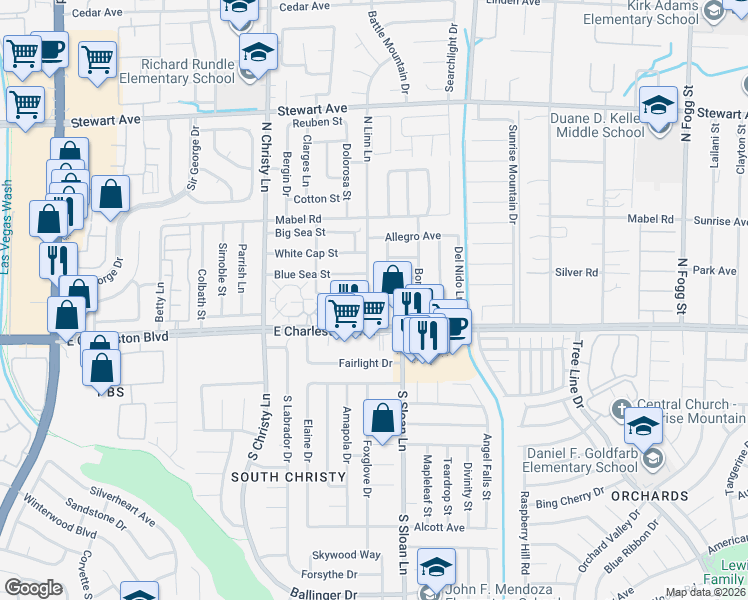 map of restaurants, bars, coffee shops, grocery stores, and more near 56 North Linn Lane in Las Vegas
