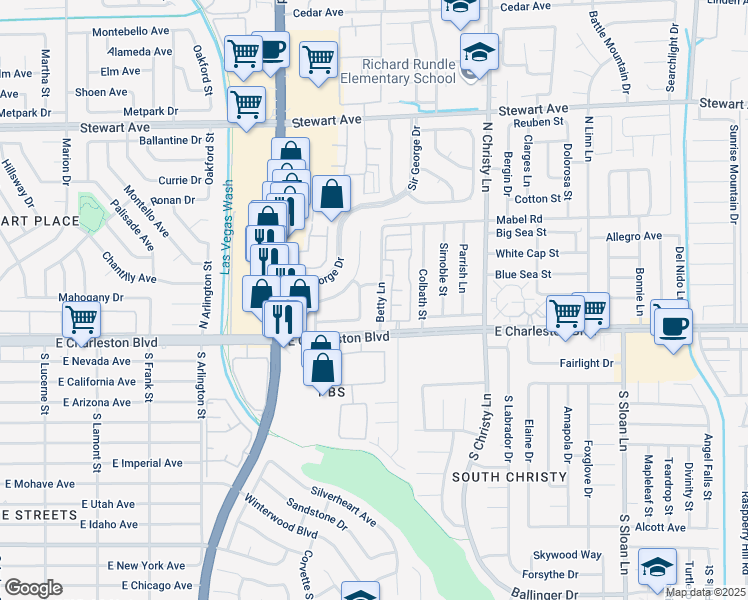 map of restaurants, bars, coffee shops, grocery stores, and more near 5330 East Charleston Boulevard in Las Vegas