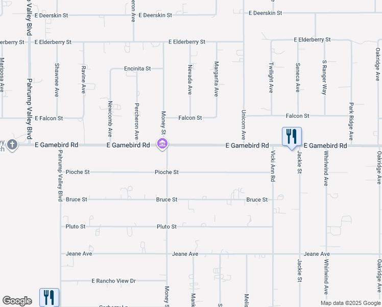 map of restaurants, bars, coffee shops, grocery stores, and more near 1641 East Gamebird Road in Pahrump