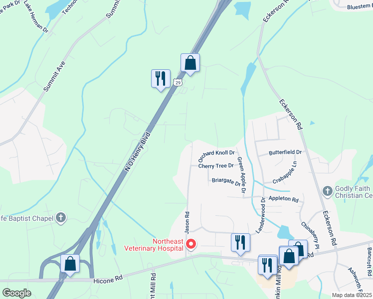 map of restaurants, bars, coffee shops, grocery stores, and more near 5205 Skylark Drive in Greensboro