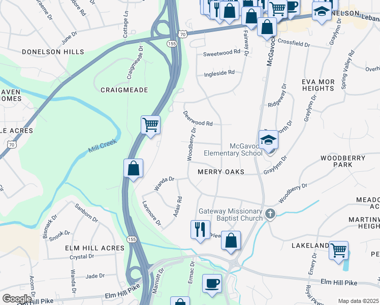 map of restaurants, bars, coffee shops, grocery stores, and more near 309 Woodberry Drive in Nashville