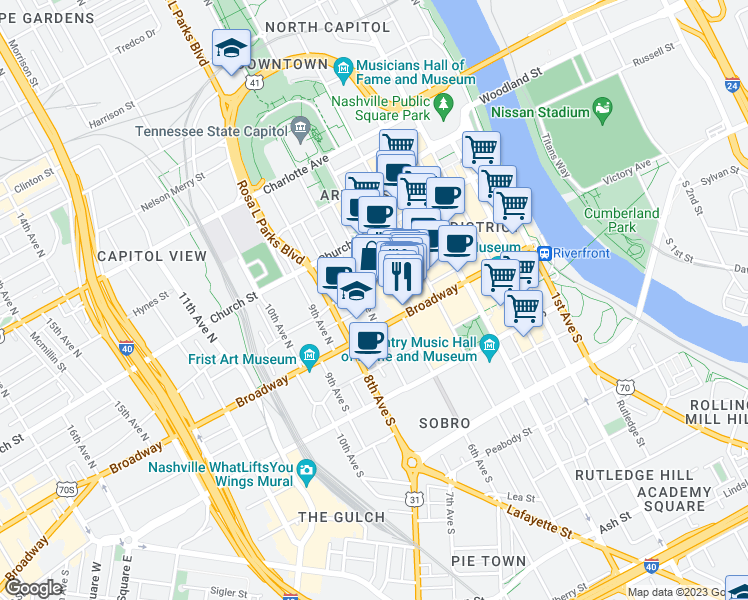 map of restaurants, bars, coffee shops, grocery stores, and more near 118 7th Avenue North in Nashville