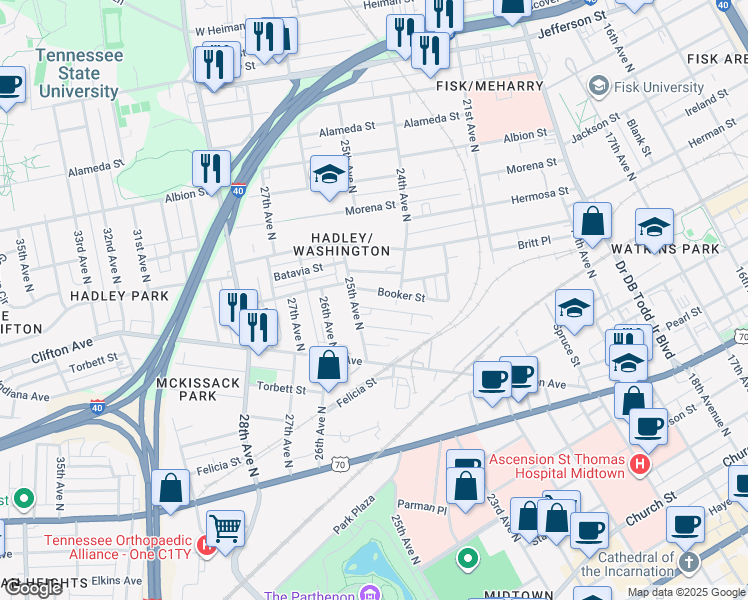 map of restaurants, bars, coffee shops, grocery stores, and more near 2407 Booker Street in Nashville