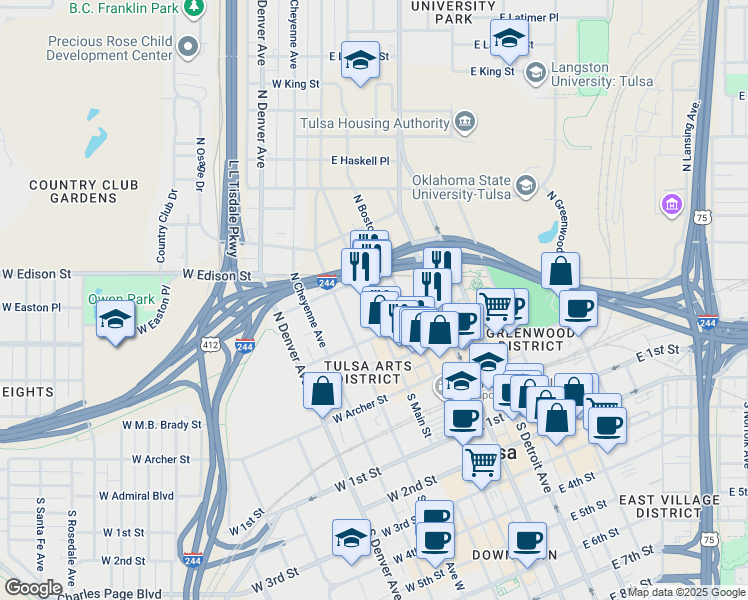 map of restaurants, bars, coffee shops, grocery stores, and more near 325 North Main Street in Tulsa