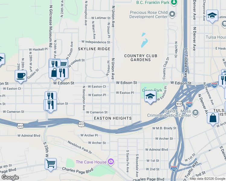 map of restaurants, bars, coffee shops, grocery stores, and more near 545 North Tacoma Avenue in Tulsa