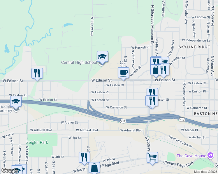 map of restaurants, bars, coffee shops, grocery stores, and more near 2916 West Easton Court in Tulsa
