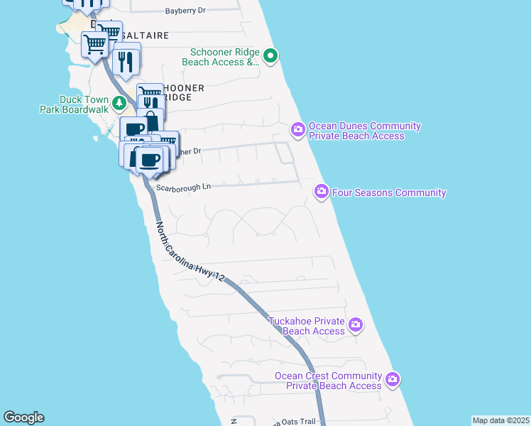 map of restaurants, bars, coffee shops, grocery stores, and more near 107 Duck Hunt Club Lane in Duck