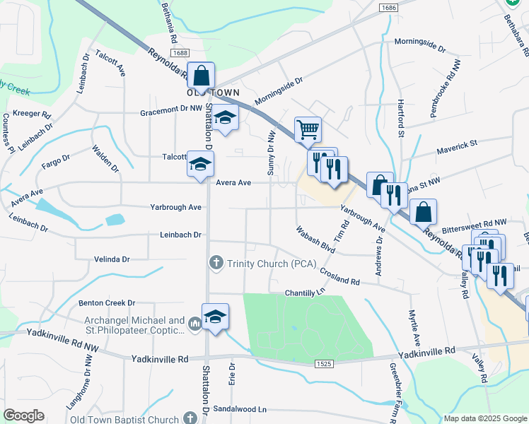 map of restaurants, bars, coffee shops, grocery stores, and more near 4622 Sunny Drive in Winston-Salem