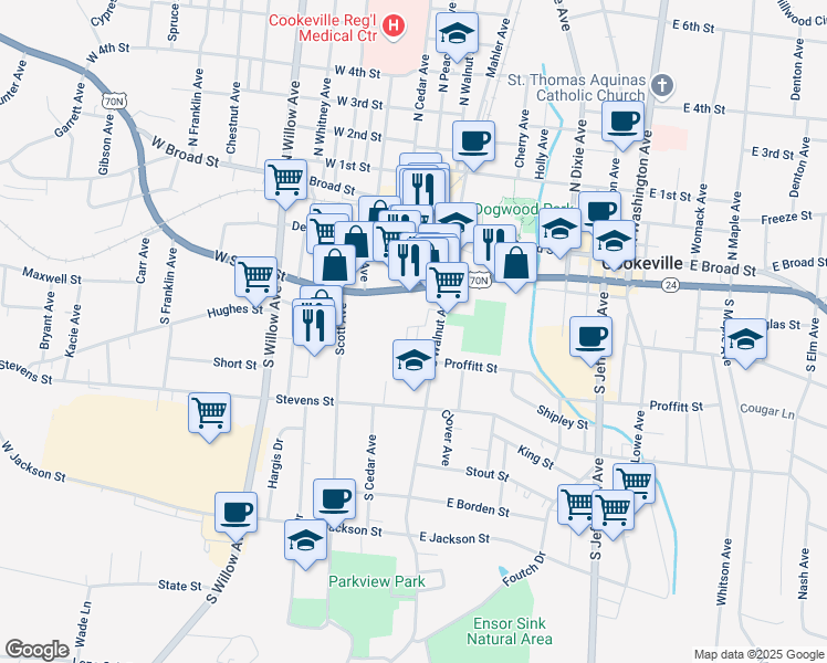 map of restaurants, bars, coffee shops, grocery stores, and more near 201 South Walnut Avenue in Cookeville