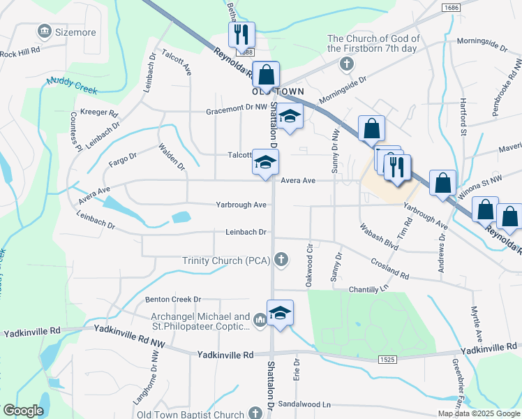 map of restaurants, bars, coffee shops, grocery stores, and more near 3908 Yarbrough Avenue in Winston-Salem