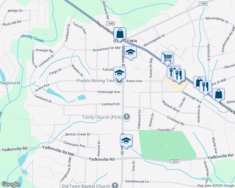 map of restaurants, bars, coffee shops, grocery stores, and more near 3916 Yarbrough Avenue in Winston-Salem