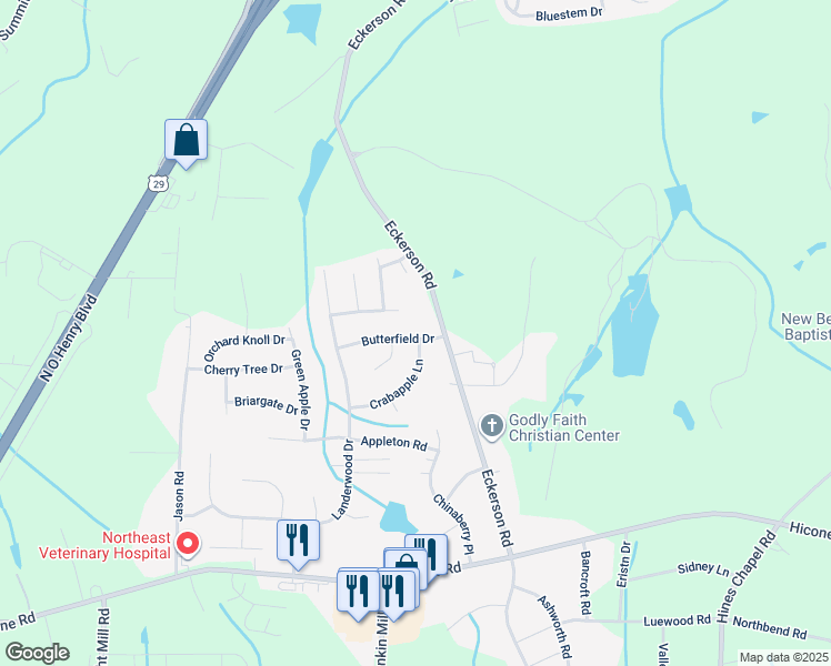 map of restaurants, bars, coffee shops, grocery stores, and more near 4207 Butterfield Drive in Greensboro