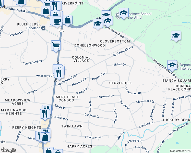 map of restaurants, bars, coffee shops, grocery stores, and more near 2901 Ironwood Drive in Nashville